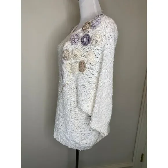 Vintage Cream  3D Floral Knit Pastels 90s Sz Medium - Picture 3 of 9